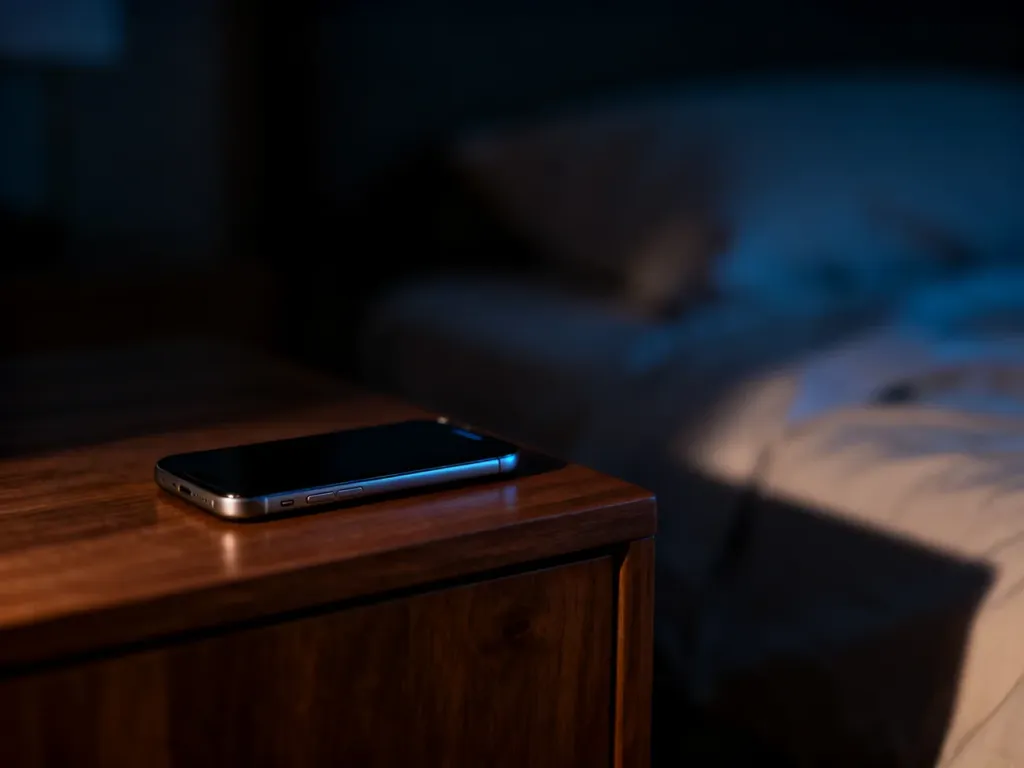 Nowoczesny smartfon leżący na drewnianej szafce nocnej w przyciemnionej sypialni, budujący nastrojową aurę snu.
