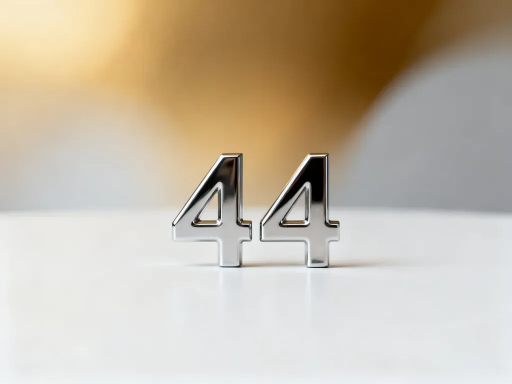 Srebrna liczba 44 na minimalistycznym, białym tle, symbolizująca znaczenie tej liczby w numerologii.