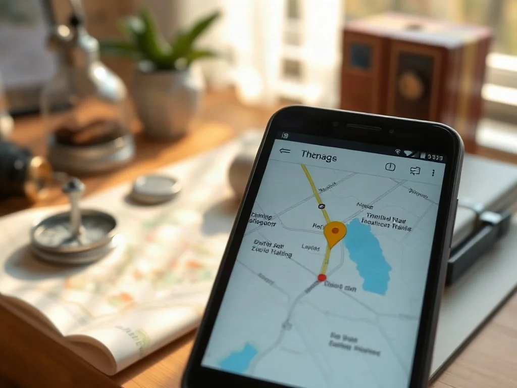 Ekran smartfona z otwartą mapą cyfrową na tle kompasu i papierowej mapy, symbolizujący nawigację w podróży.